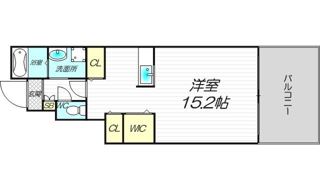 カーサヴェルデの103号室15.2帖のビッグワンルームの間取り図